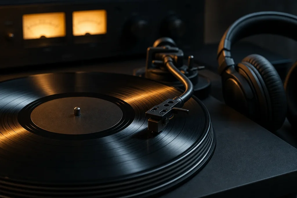 Turntable stylus playing a black vinyl record with studio headphones and glowing amplifier meters behind