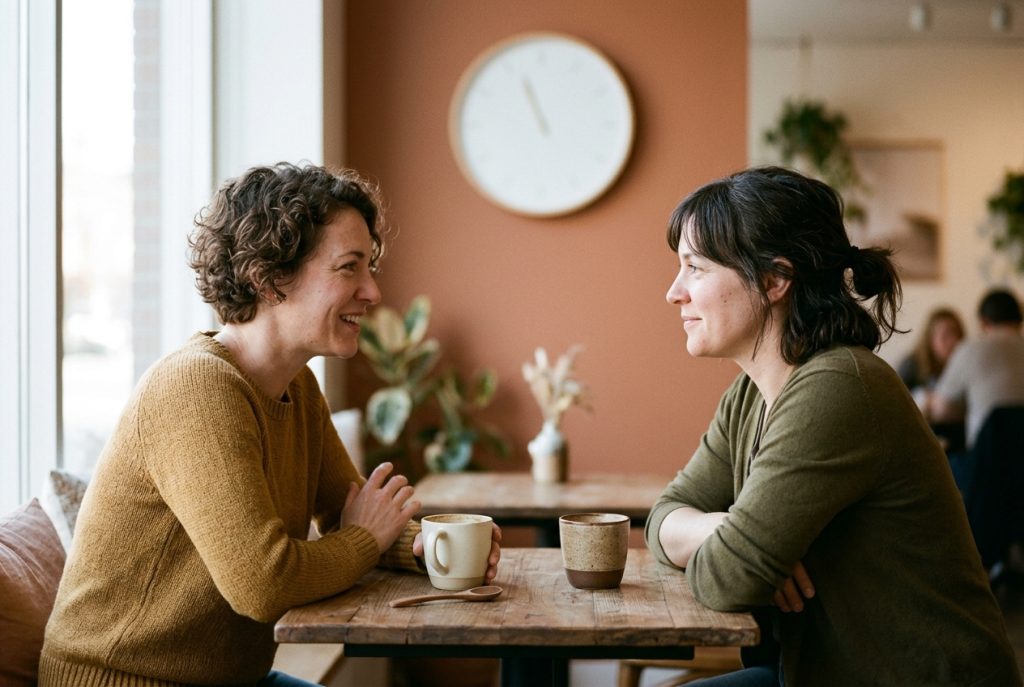 Two adult friends talking comfortably over coffee at a café table during a long relaxed catch-up