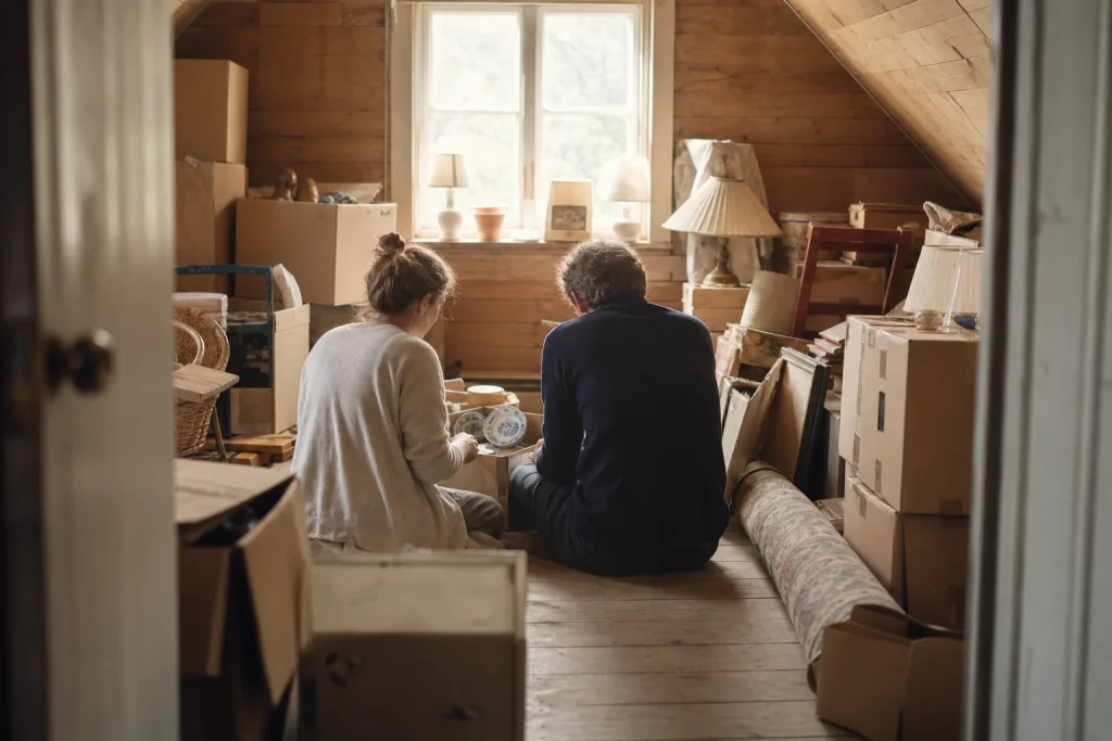Two adult siblings sorting china among stacked boxes in a cluttered attic of a parent's house