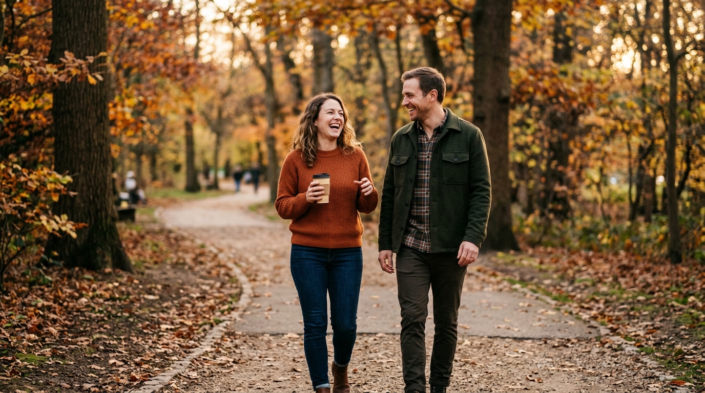 Two adults laughing on a park walk, showing how to make friends as an adult through relaxed shared time