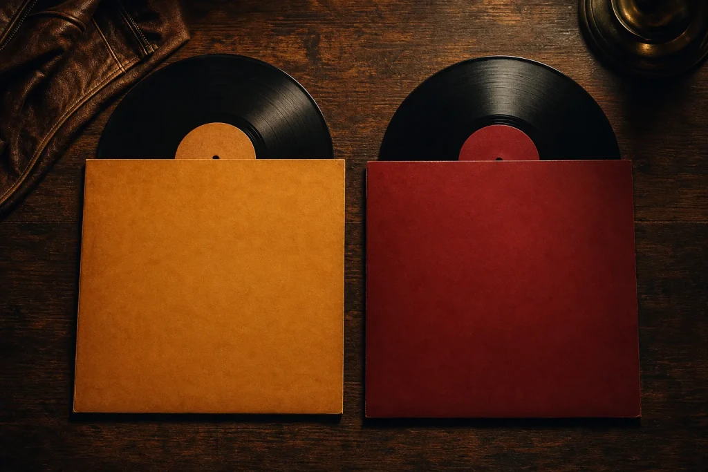 Two blank record sleeves in amber and red side by side on a dark wooden table for comparison