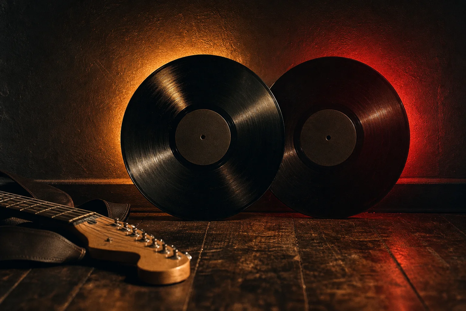 Two vinyl records glowing amber and red, evoking Metallica Load and Reload as companion albums