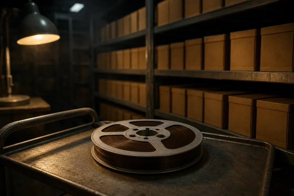 Unlabeled analog master tape reels stored on metal shelves in a dim recording archive vault