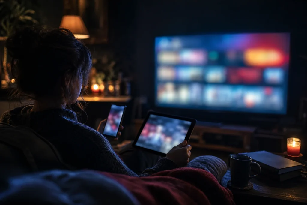 Viewer on a sofa with a phone and tablet in front of a glowing television, choosing how to stream