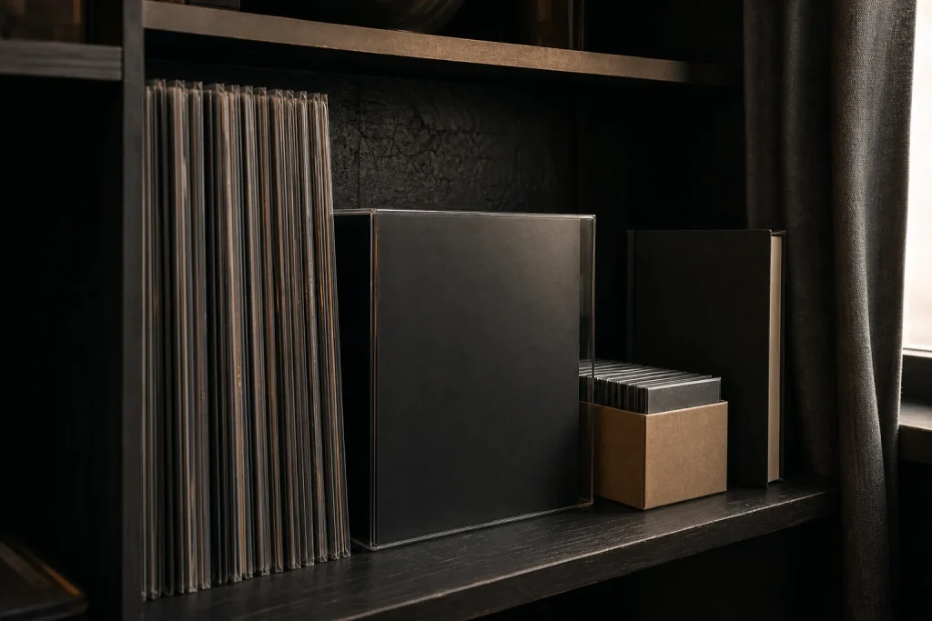 Vinyl records stored vertically in clear protective sleeves beside a box set in a plastic protector on a shelf