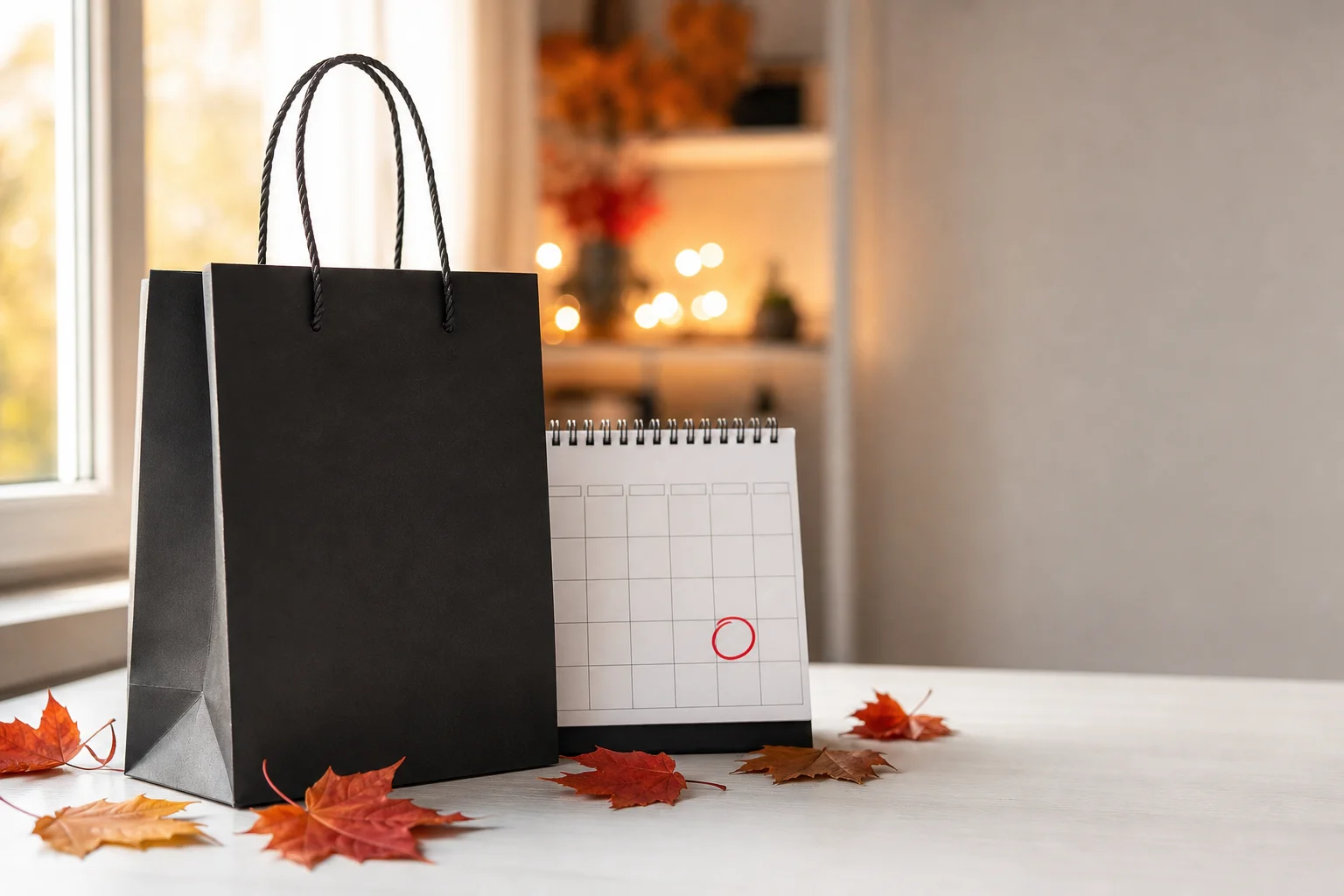 When is Black Friday 2026: black shopping bag beside a calendar with a late November day circled in red