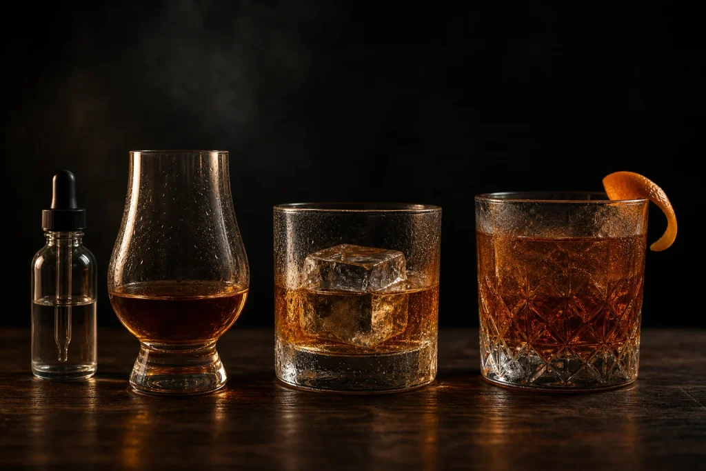 Whiskey served neat, over a large ice cube and as an orange-garnished cocktail on a dark bar