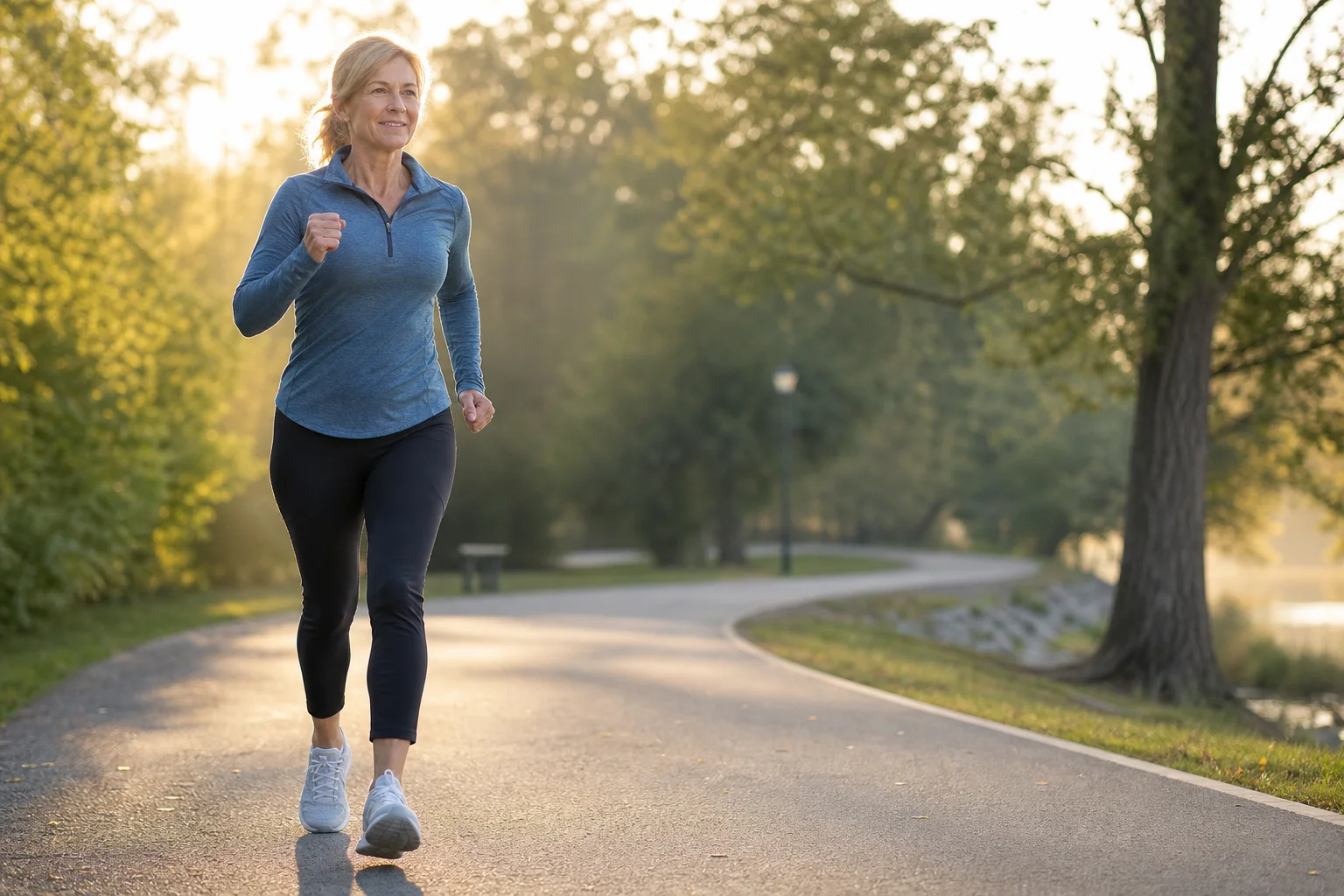 Woman in her fifties doing Japanese interval walking at a brisk pace on a tree-lined park path at sunrise