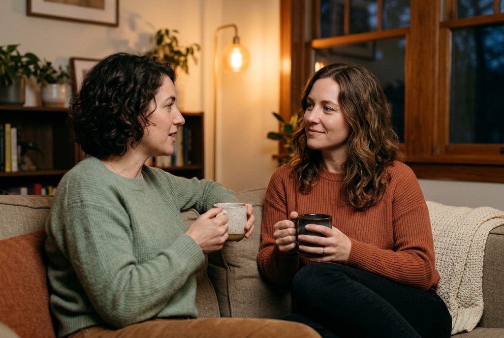 Woman listening attentively as a friend shares something personal over tea on a living room sofa