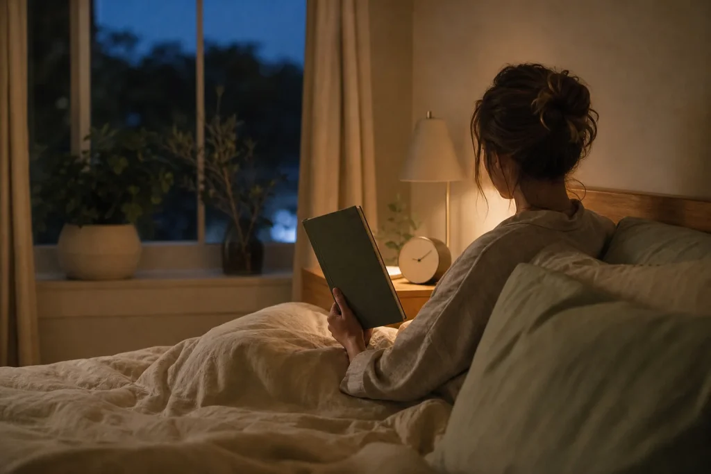 Woman reading a book in bed by lamplight in a phone-free bedroom with an analog alarm clock