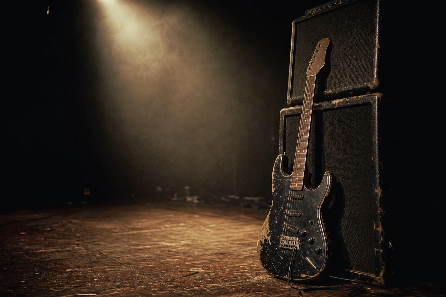 Worn electric guitar under a spotlight on a small club stage evoking the Kill 'Em All album era