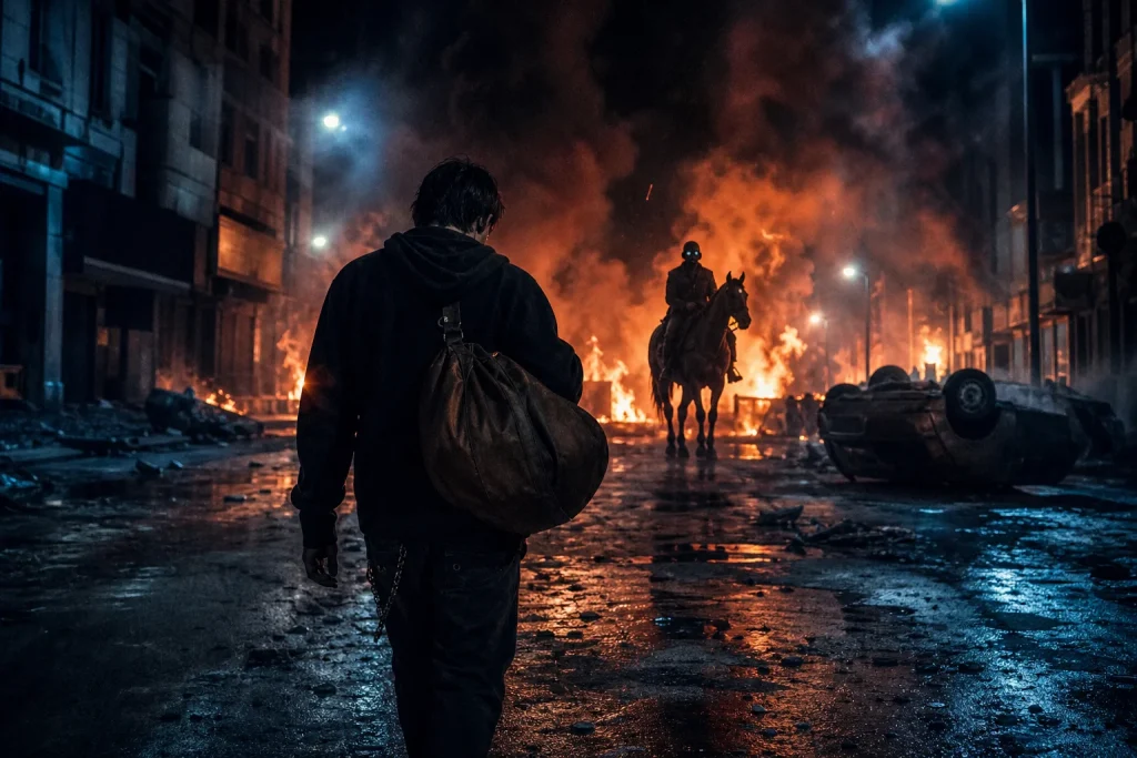 Young roadie carrying a leather bag through a riot-torn burning city street at night with a masked rider in the distance