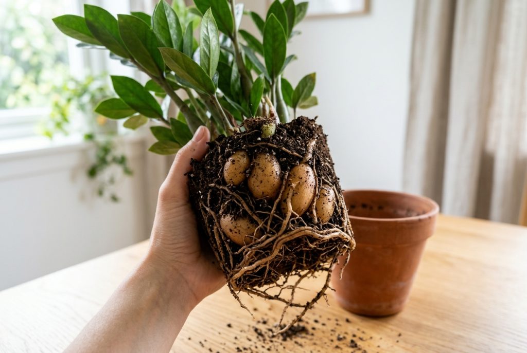 ZZ plant removed from its pot showing thick potato-like water-storing rhizomes and roots