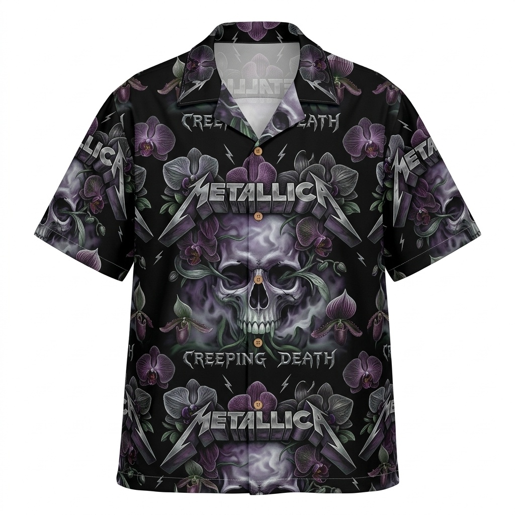 Hawaiian Shirt Metallica Creeping Death Skull Graphic Black Purple