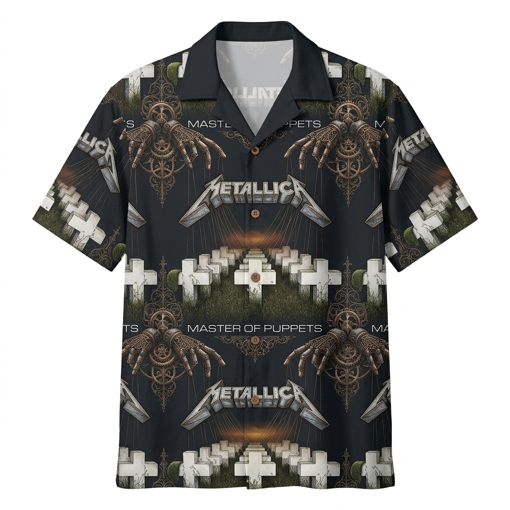 Hawaiian Shirt Metallica Master of Puppets Graphic Print Black
