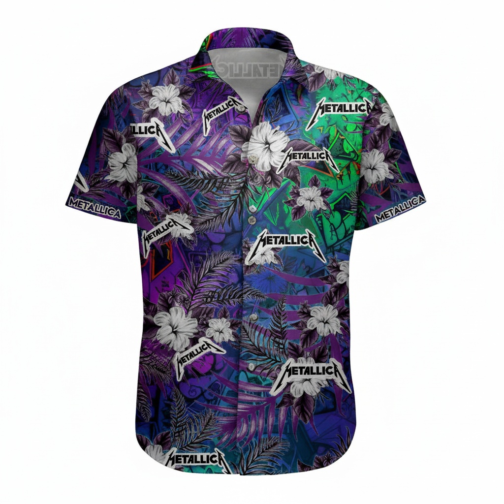 Hawaiian Shirt Metallica Tropical Floral Print Purple Multicolor 1 - Metbrick.com