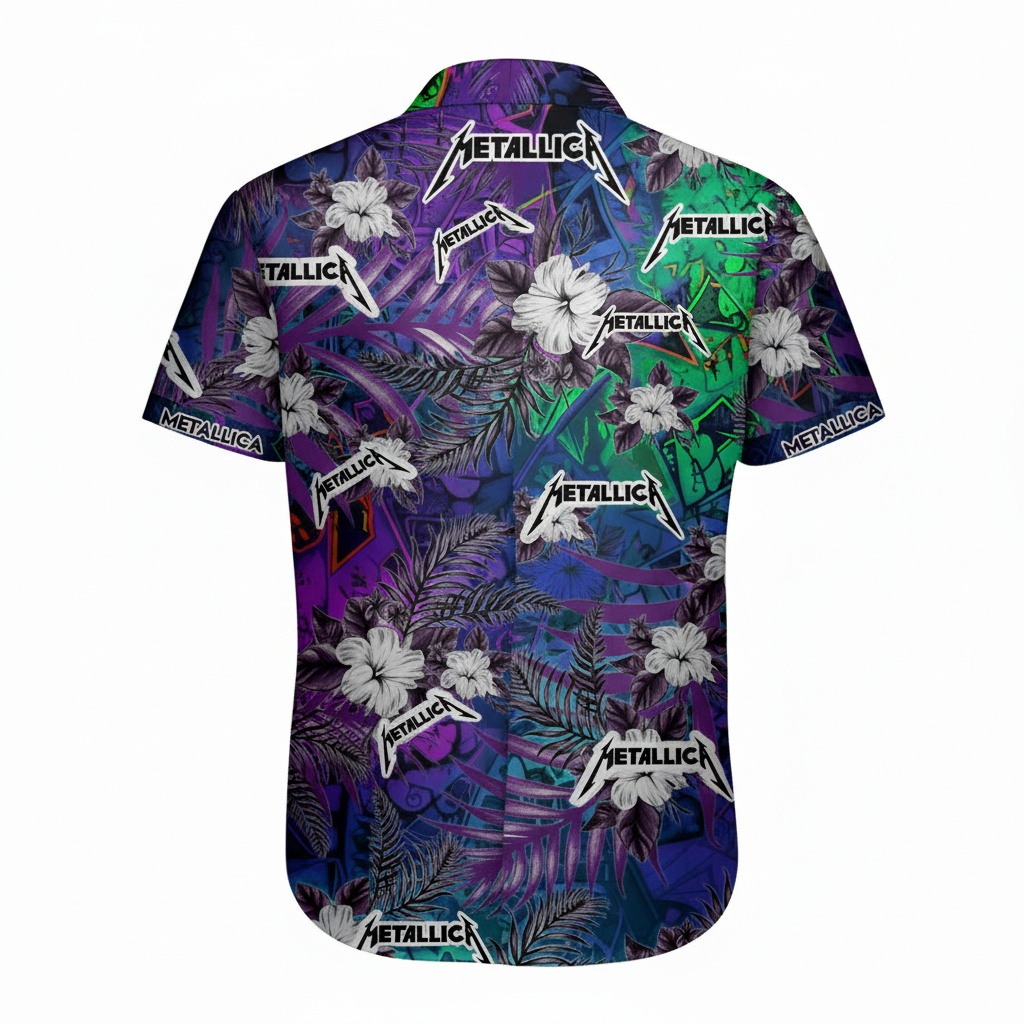 Hawaiian Shirt Metallica Tropical Floral Print Purple Multicolor Hawaiian Shirt Metallica Tropical Floral Print Purple Multicolor