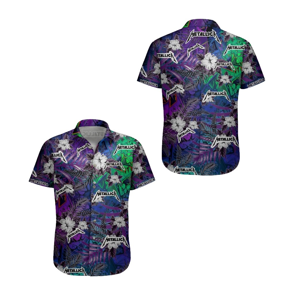 Hawaiian Shirt Metallica Tropical Floral Print Purple Multicolor