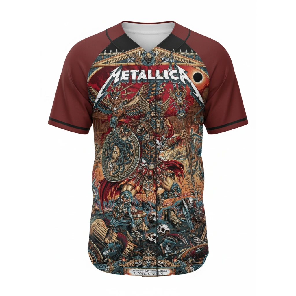 Metallica 82 Tour Athens Greece Olympic Stadium May 9 2026 Burgundy Baseball Jersey Epic Design