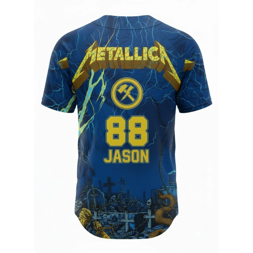 Metallica Blue Lightning Design Baseball Jersey With Jason May 09 2026 Olympic Stadium 2 - Metbrick.com