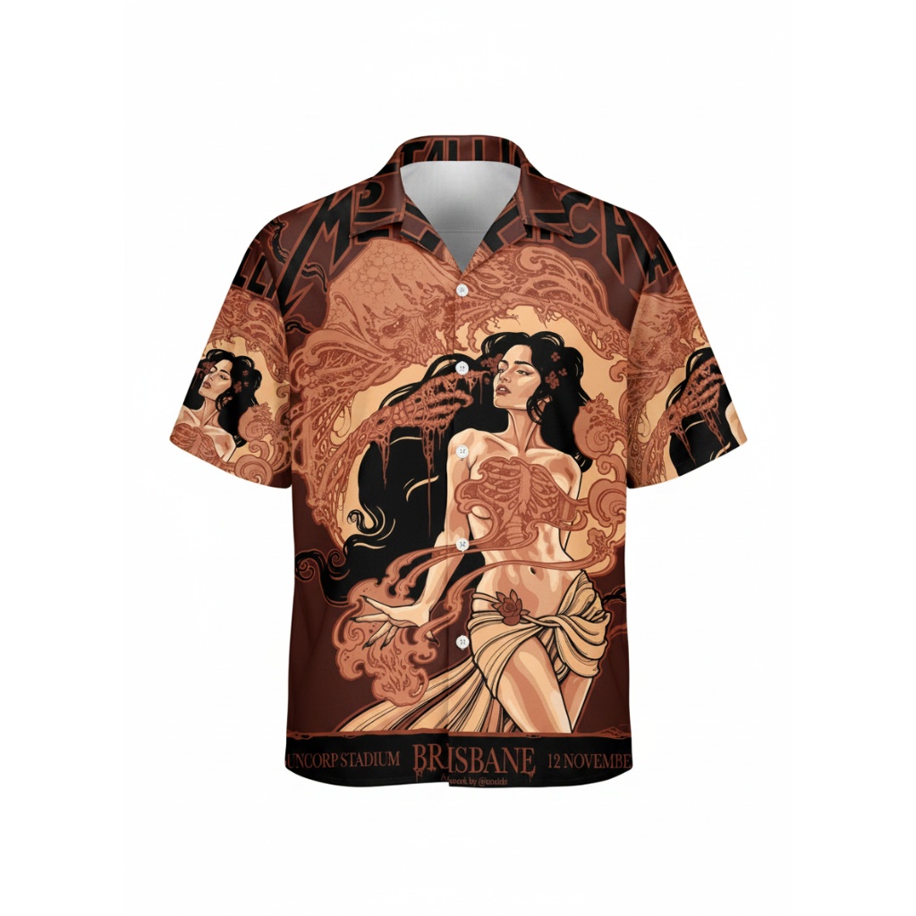 Metallica Brisbane Tour Graphic Print Hawaiian Shirt Brown November 12, 2025 Brisbane, Australia