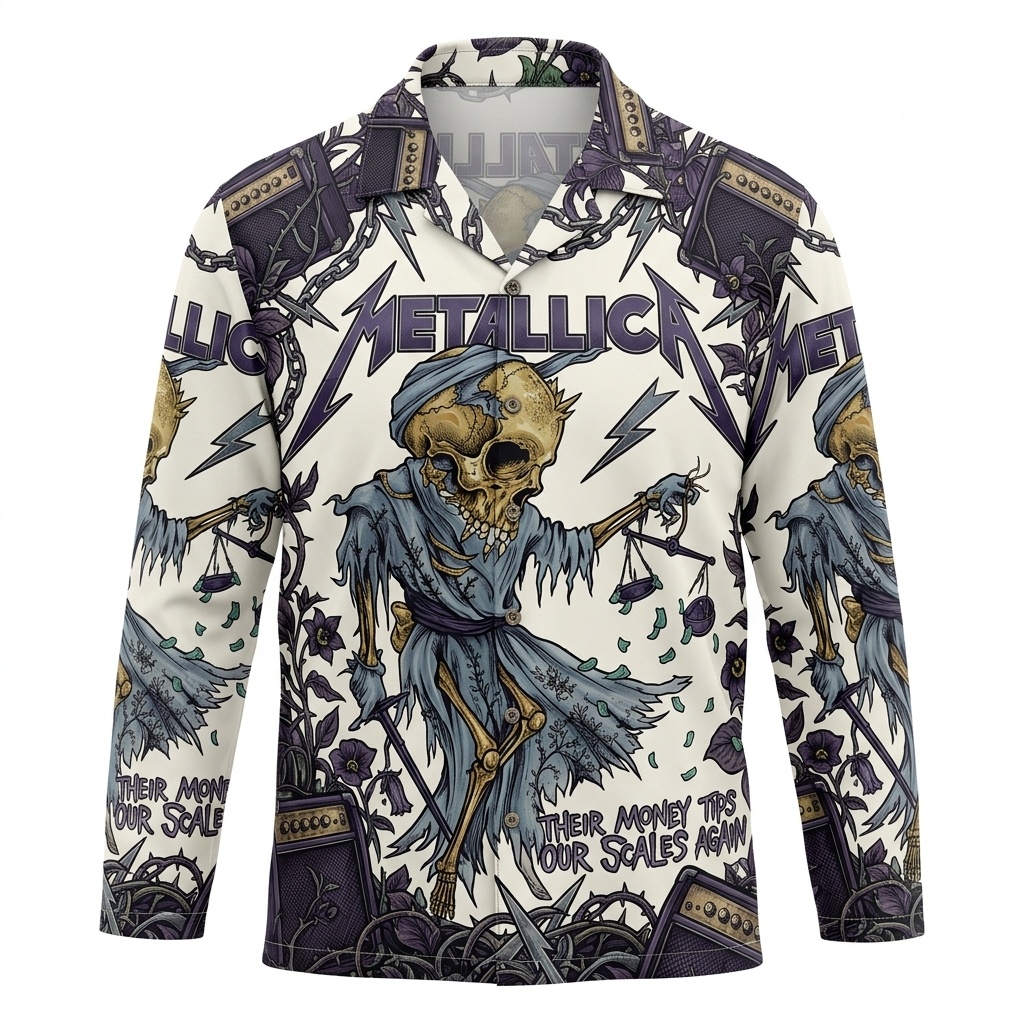 Metallica Justice For All Graphic Print Long Sleeve Button-Down Shirt Cream and Purple Metallica Justice For All Graphic Print Long Sleeve Button-Down Shirt Cream and Purple