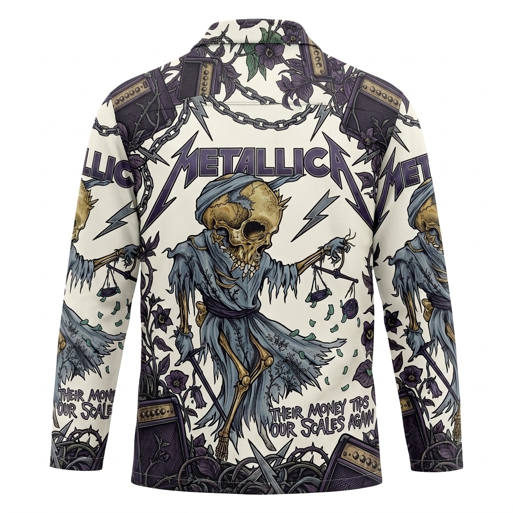 Metallica Justice For All Graphic Print Long Sleeve Button-Down Shirt Cream and Purple Metallica Justice For All Graphic Print Long Sleeve Button-Down Shirt Cream and Purple