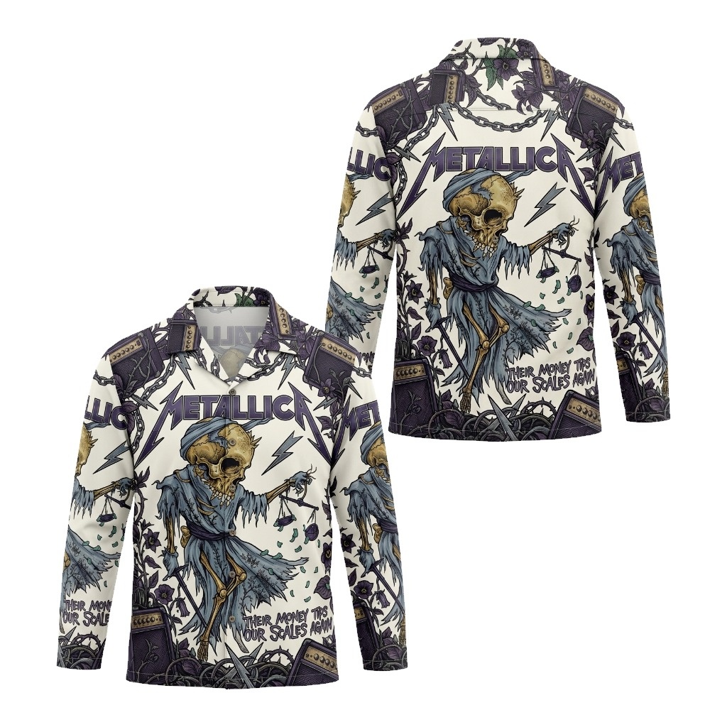 Metallica Justice For All Graphic Print Long Sleeve Button-Down Shirt Cream and Purple